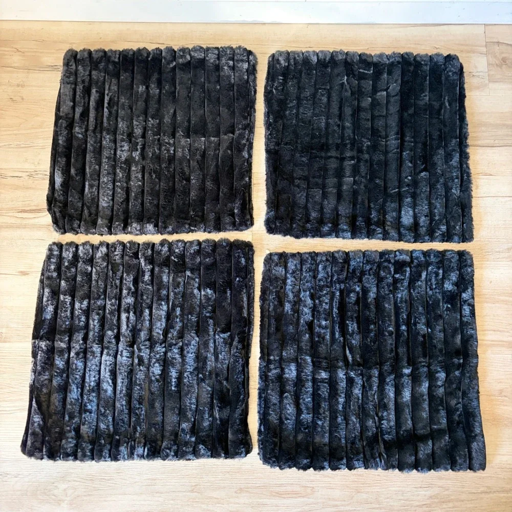 Set of 4 Black Faux Fur Ribbed Pillow Covers 17x17 Channeled Textured Square